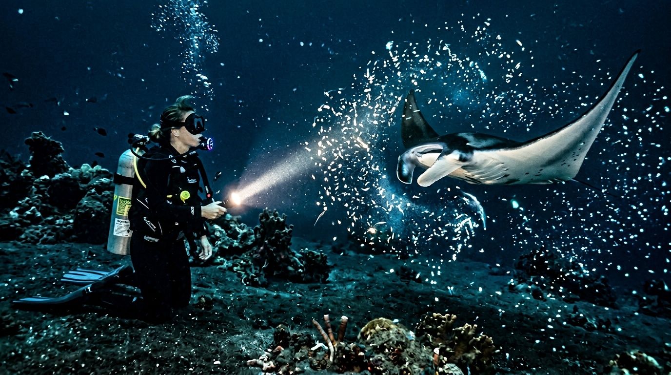 Diver underwater with flashlight near a manta ray surrounded by small bubbles.