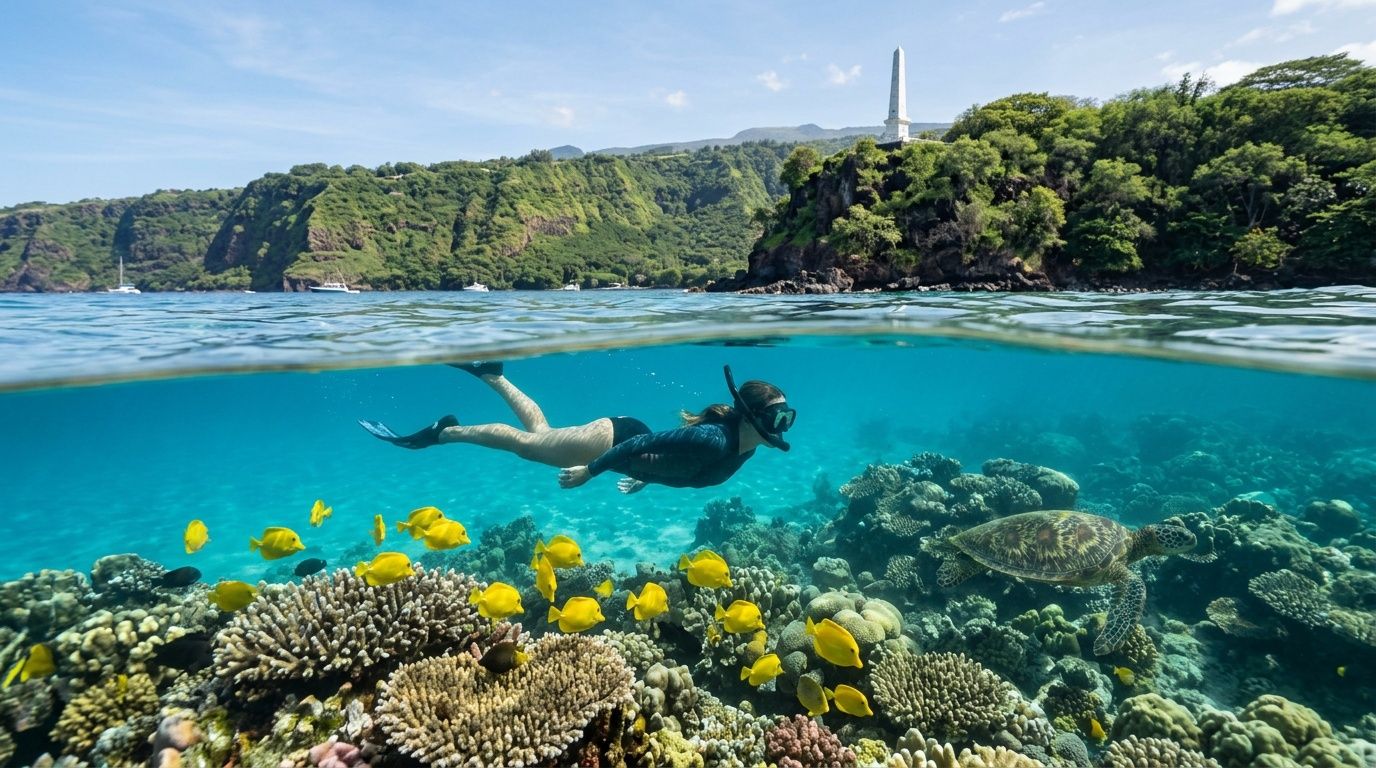 Snorkeler near vibrant coral reef with yellow fish, clear water, hills, and monument in the background.