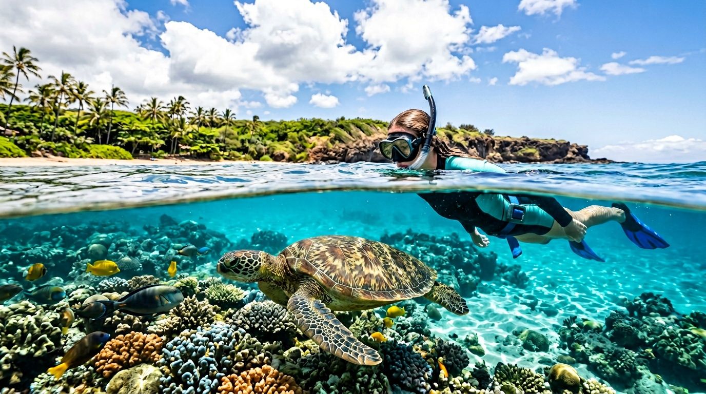 Person snorkeling near sea turtle over coral reef with tropical beach in background.