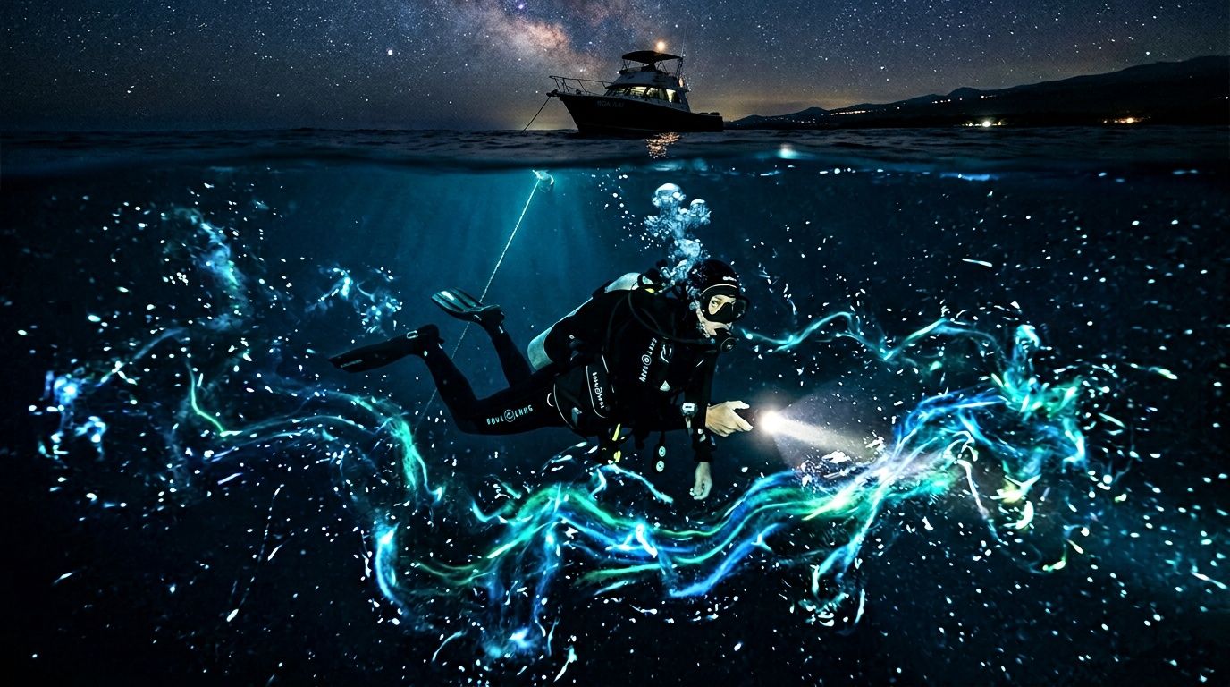 Diver in bioluminescent water at night with a boat above.