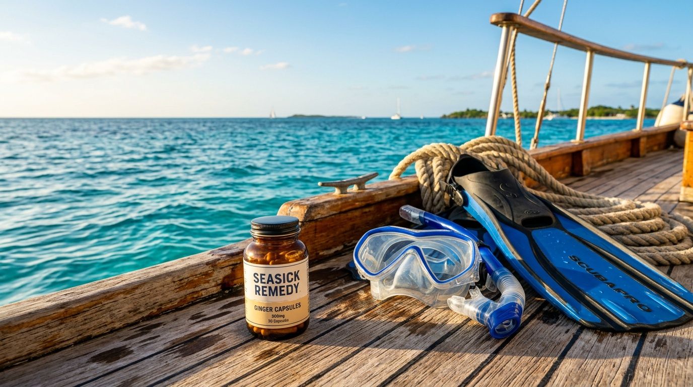 Diving gear and seasick remedy on a boat by the sea.