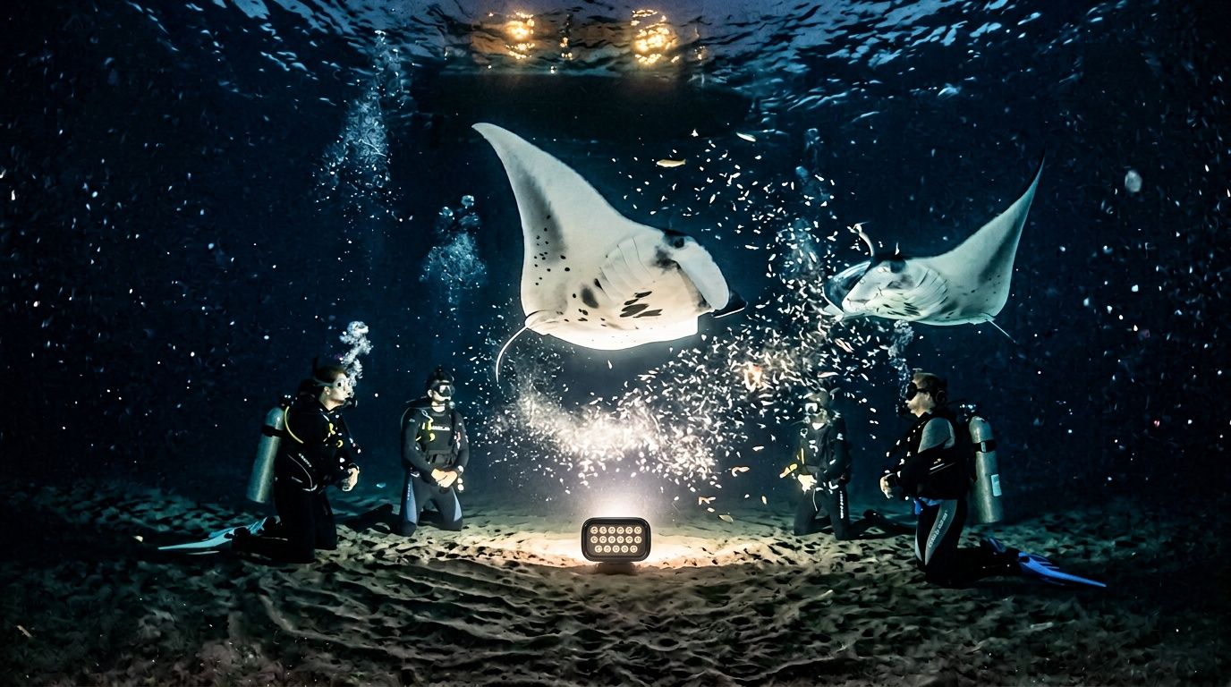 Scuba divers surround manta rays underwater, illuminated by lights.