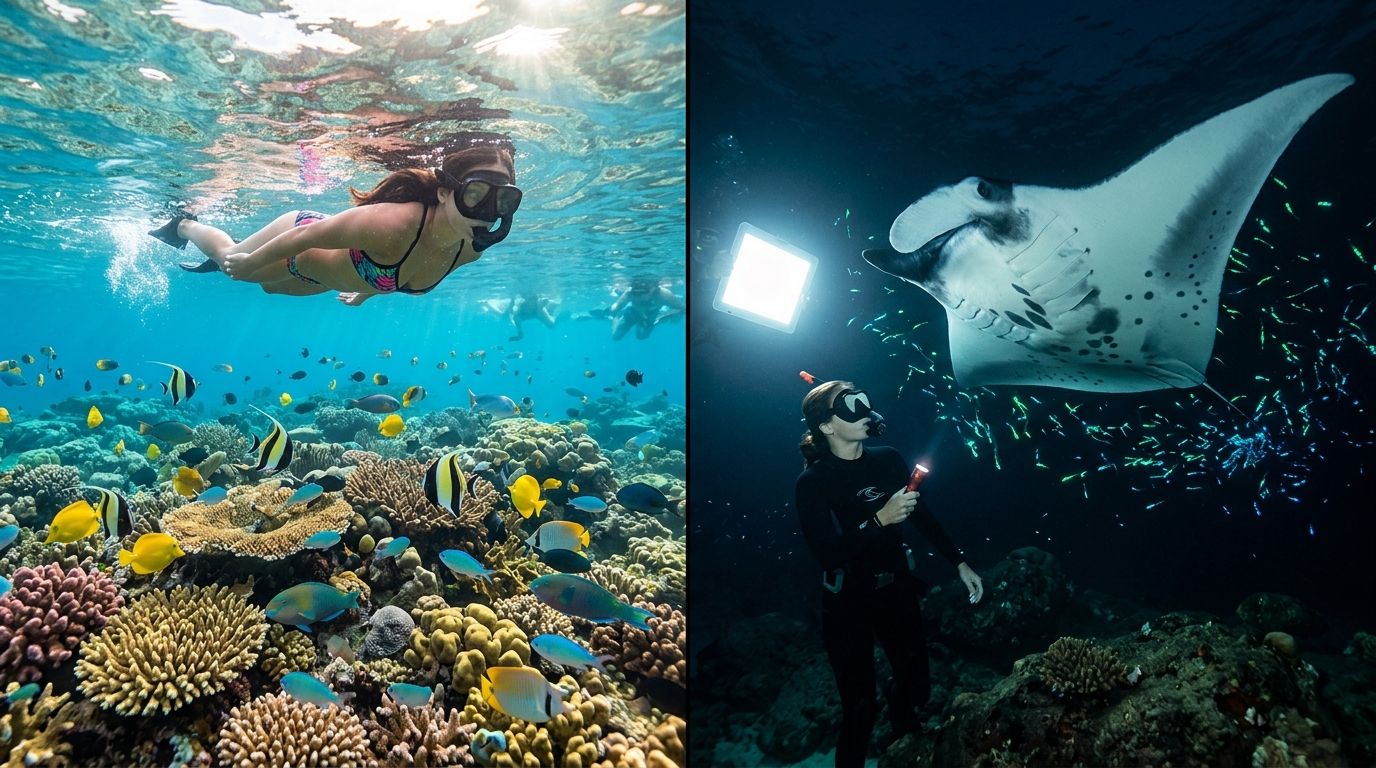 Two divers with coral and fish, one with a manta ray.