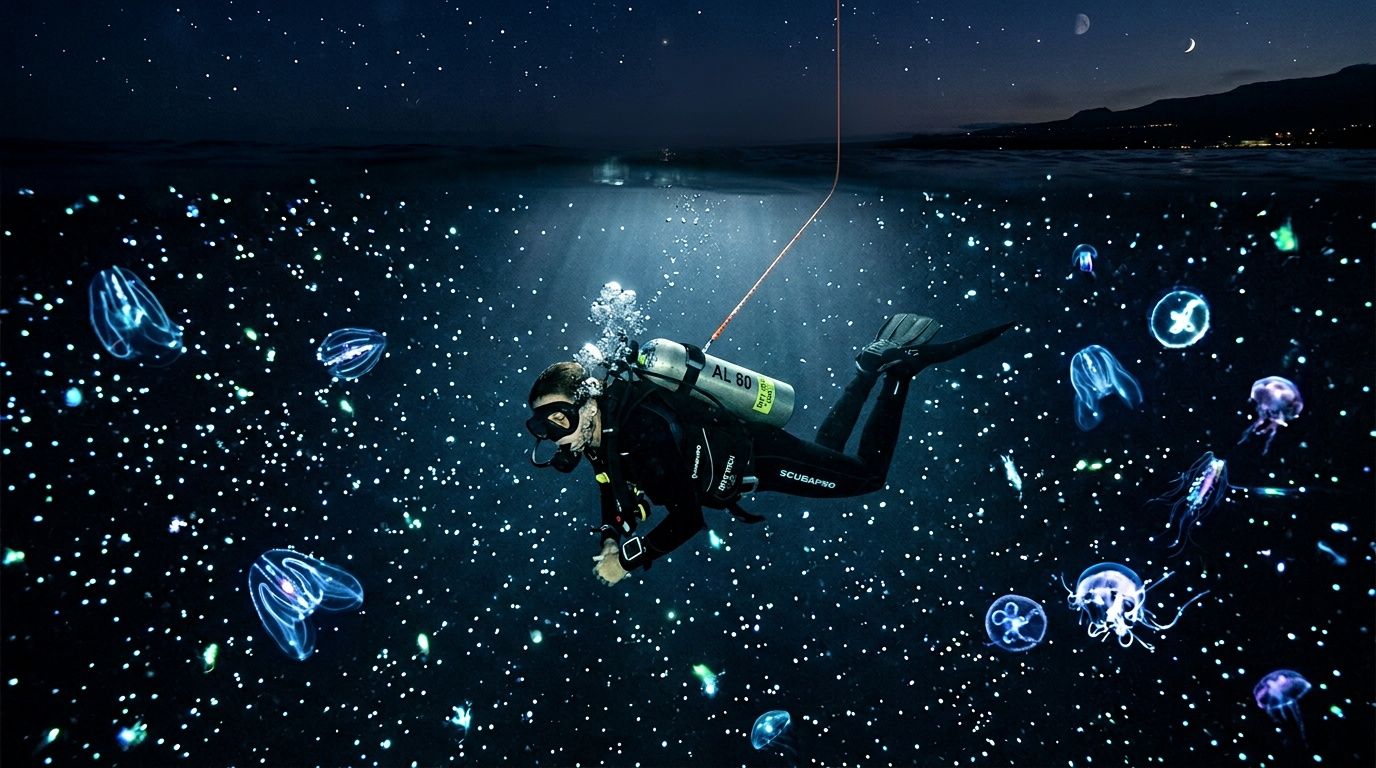 Diver underwater at night surrounded by glowing jellyfish and bioluminescent particles.
