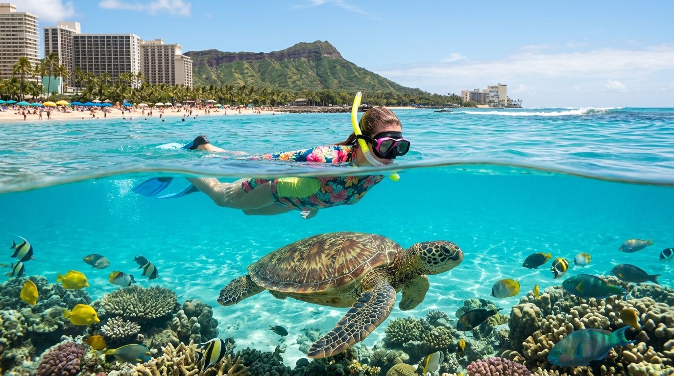 Person snorkeling above coral reef with a sea turtle, city and mountain in background.