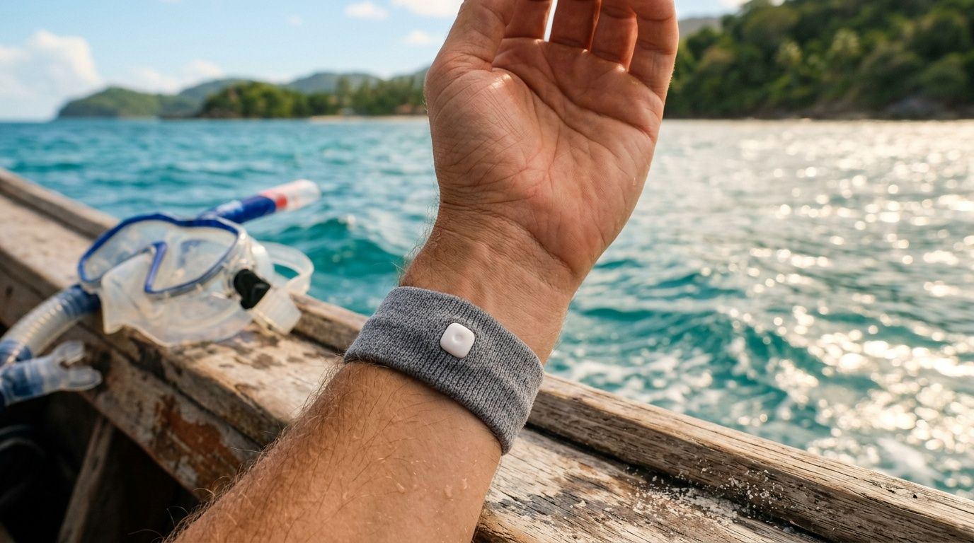 Hand with wristband on a boat, snorkel gear beside, tropical sea and trees in background.