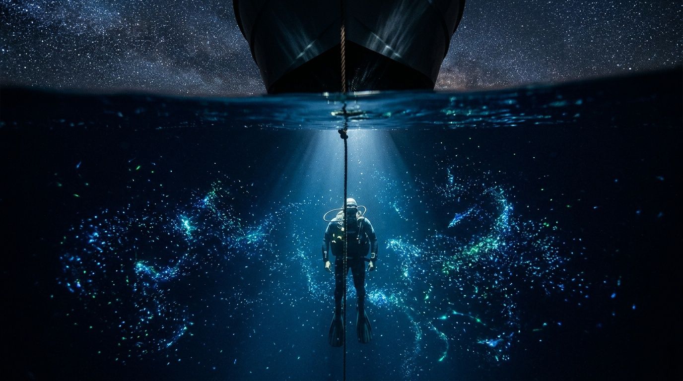 Diver underwater at night illuminated by boat light, with bioluminescent particles and starry sky above.
