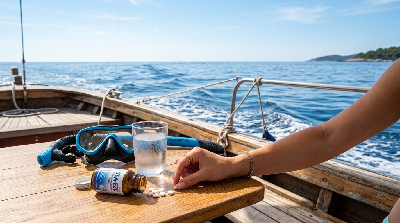 Person on boat's deck with seasickness pills, snorkel gear, and ocean view.
