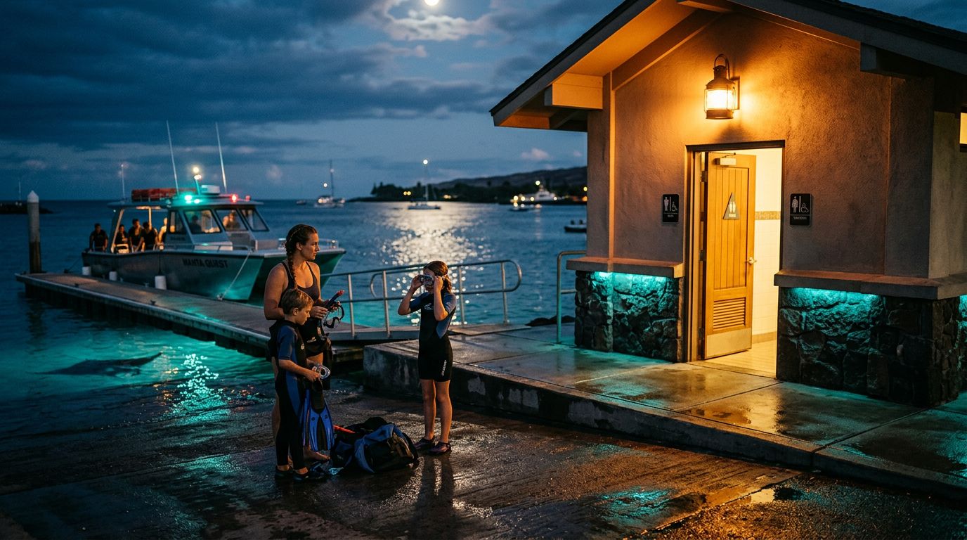 Honokohau Harbor Bathrooms Before a Kona Manta Ray Night Snorkel