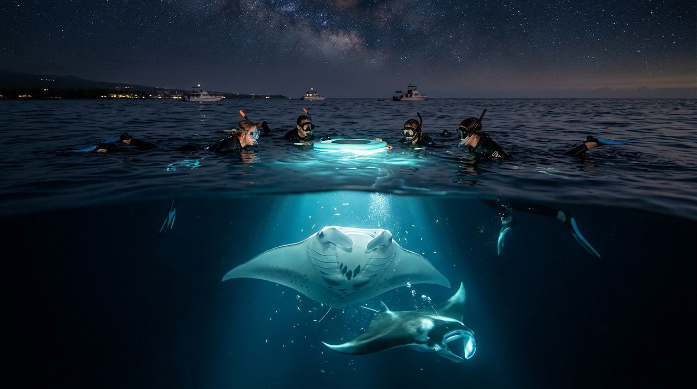 Divers observe manta rays illuminated underwater at night.