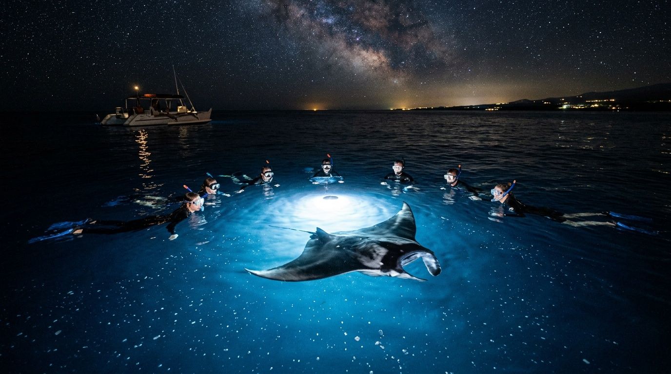 People snorkeling at night with a manta ray under a starry sky.