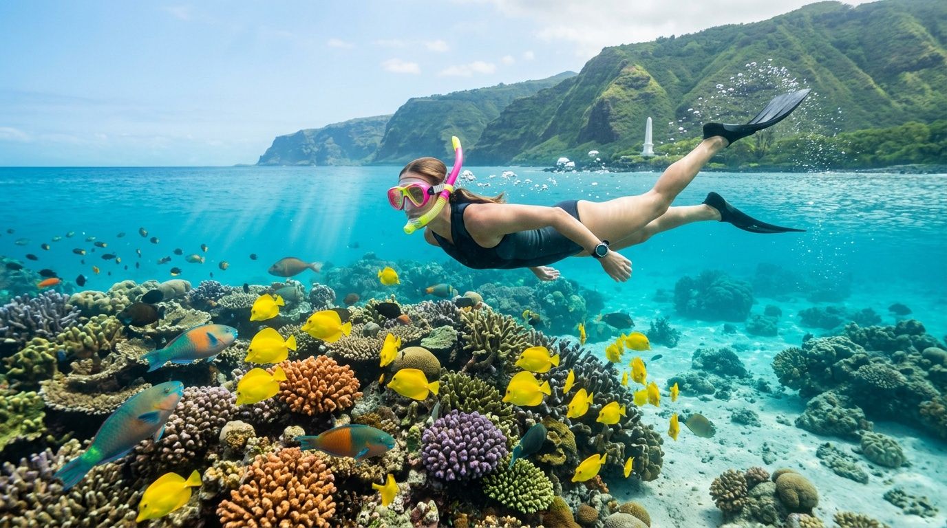 Woman snorkeling over vibrant coral reef with yellow fish in clear blue water.