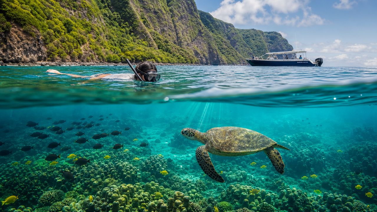 Snorkeler and sea turtle in clear water near a boat with rocky cliffs in the background.