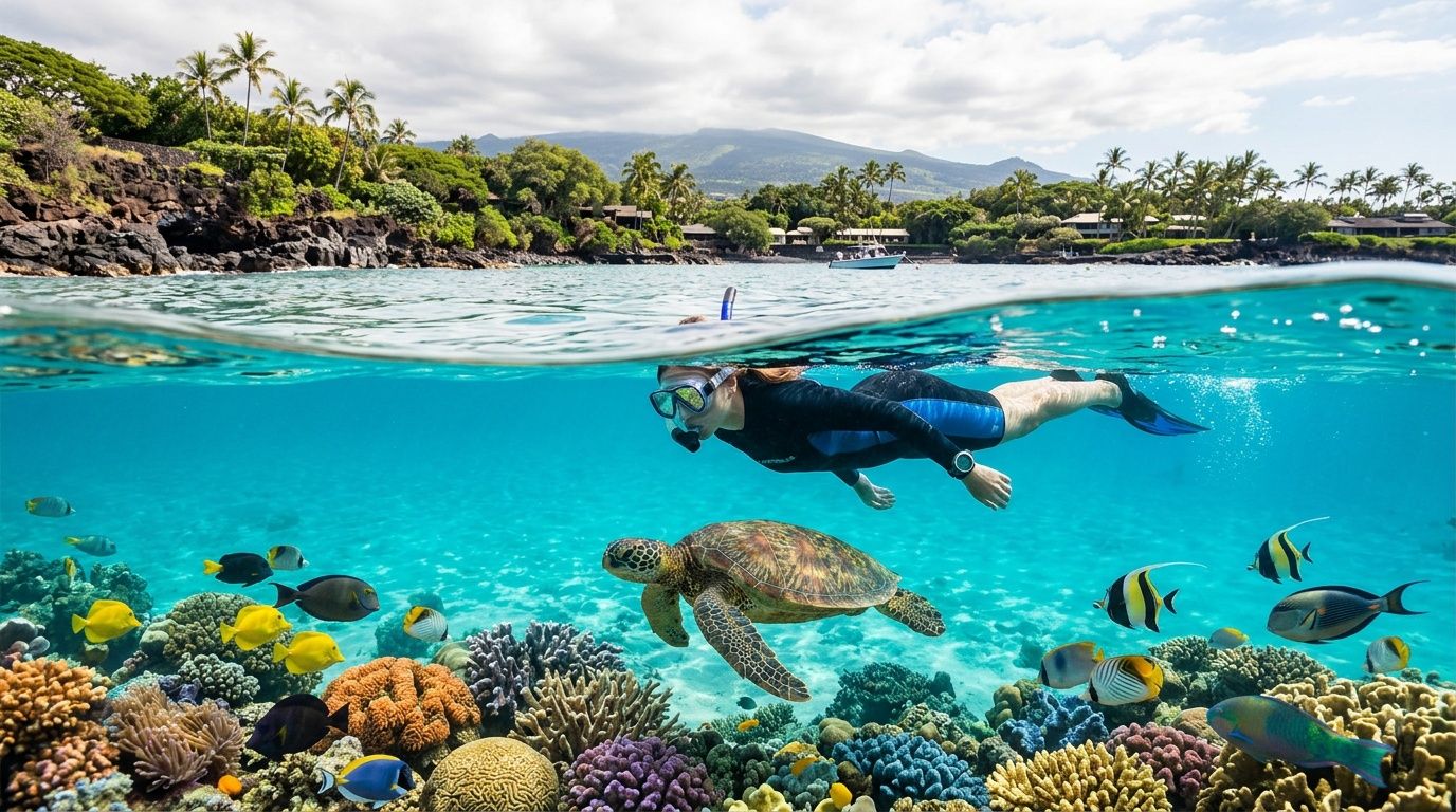Snorkeler swims above vibrant coral reef with fish and a sea turtle in clear blue water.