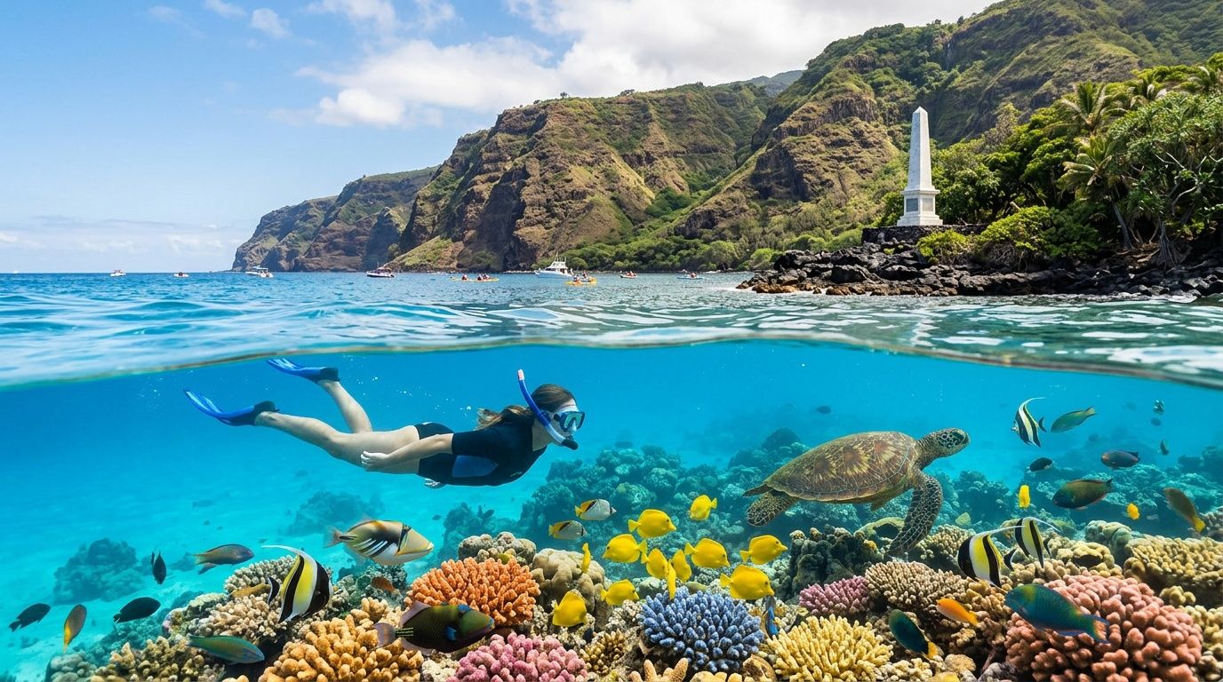 Person snorkeling near coral reef with colorful fish and turtle, rocky coastline in the background.
