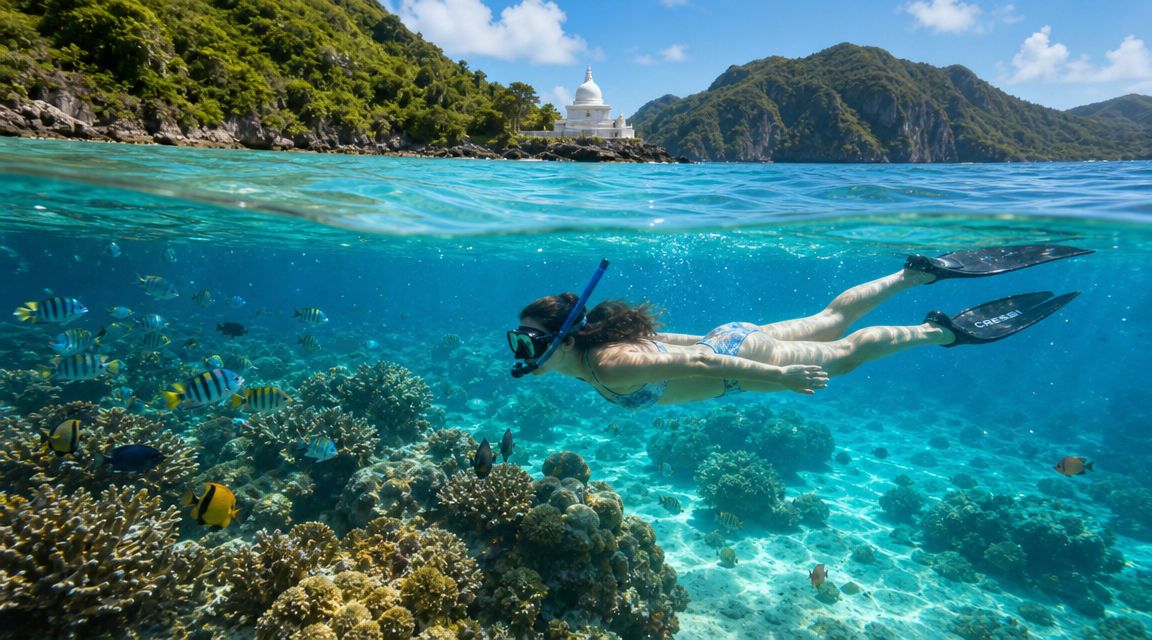 Person snorkeling over coral reef with fish in clear water, mountains in background.