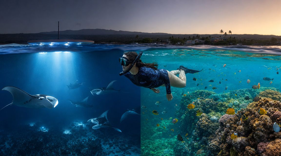 Split image of night snorkeling with manta rays and coral reef in daylight