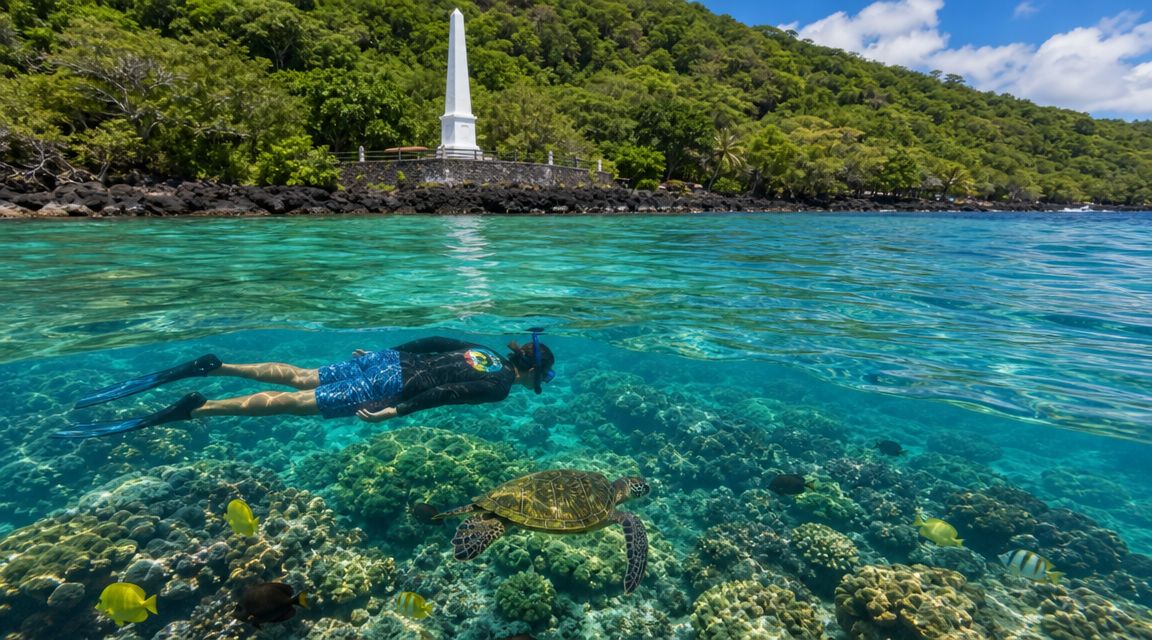 Person snorkeling near a sea turtle over coral reef with a monument on the shore.