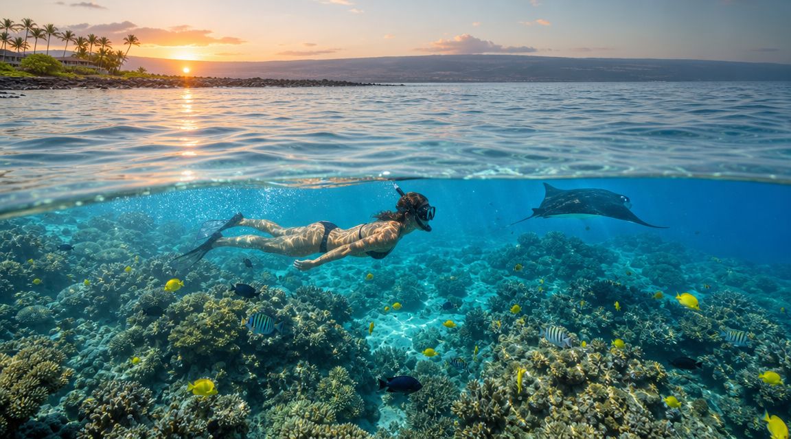 Person snorkeling near coral reef with a manta ray, at sunset.