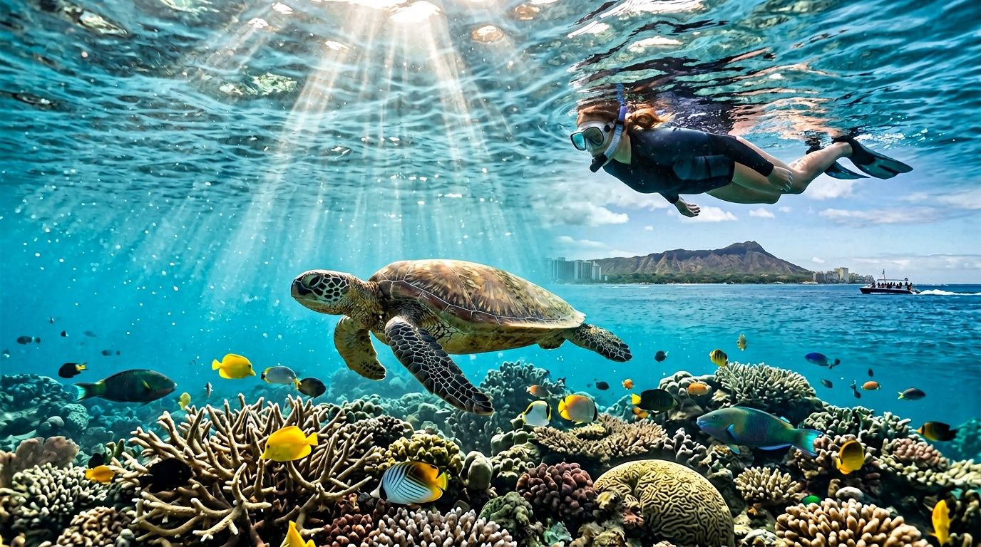 Snorkeler and sea turtle swimming above coral reef in clear water with sunlight streaming down.