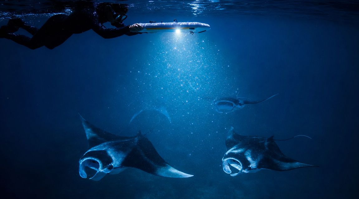 Diver with light swimming above manta rays in deep blue water.