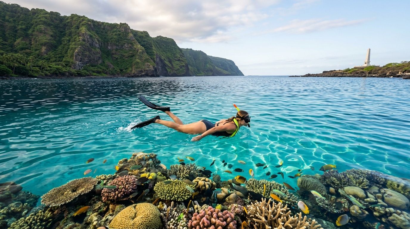 Person snorkeling over coral reef in clear blue water with green cliffs in background.