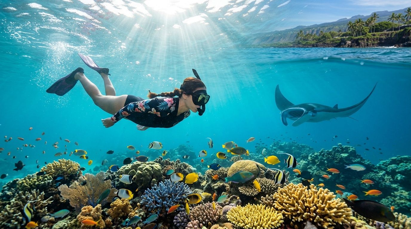 Person snorkeling over colorful coral reef with diverse fish and a manta ray nearby.