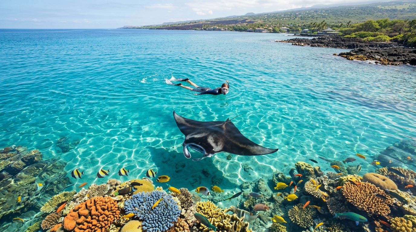 Snorkeler and manta ray in clear water above vibrant coral reef.