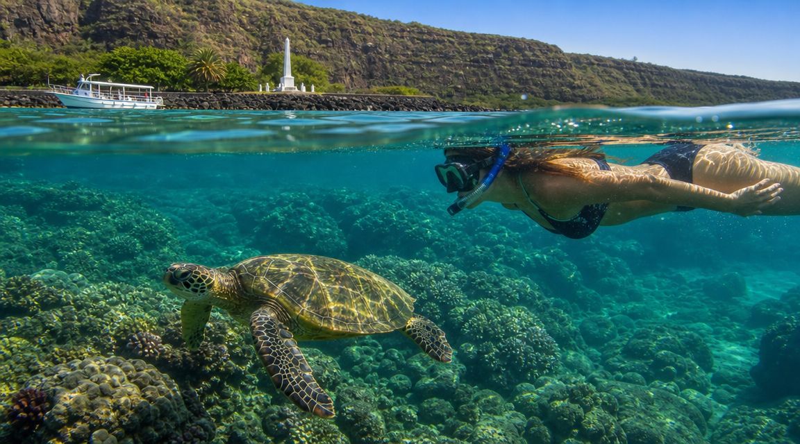 Snorkeler swims near sea turtle over coral reef in clear blue water.
