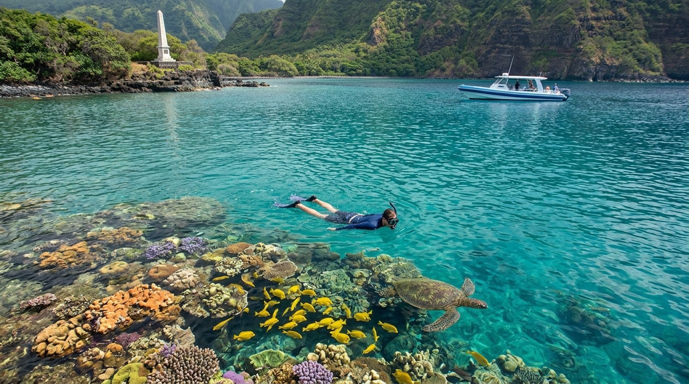 Snorkeler swimming over colorful coral reef with fish and turtle nearby in clear turquoise water.