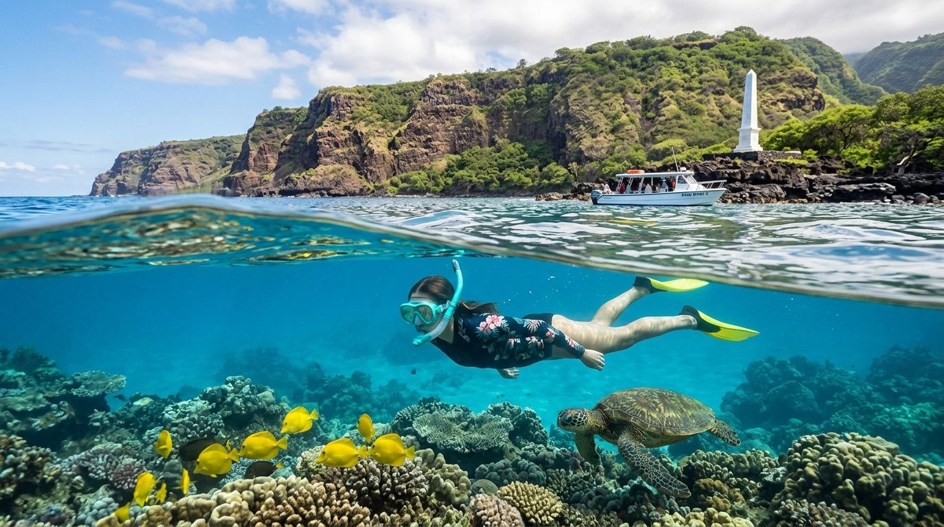 Snorkeler swims over coral reef with fish and turtle; boat and cliff visible above water.