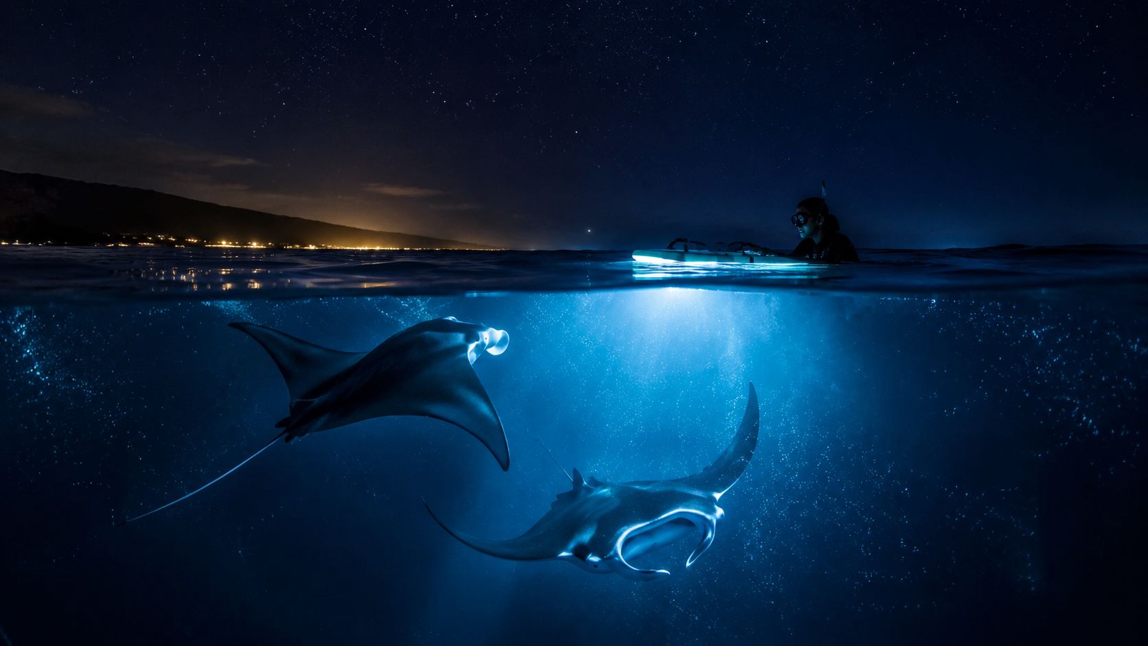 Night diver watches two manta rays illuminated underwater.