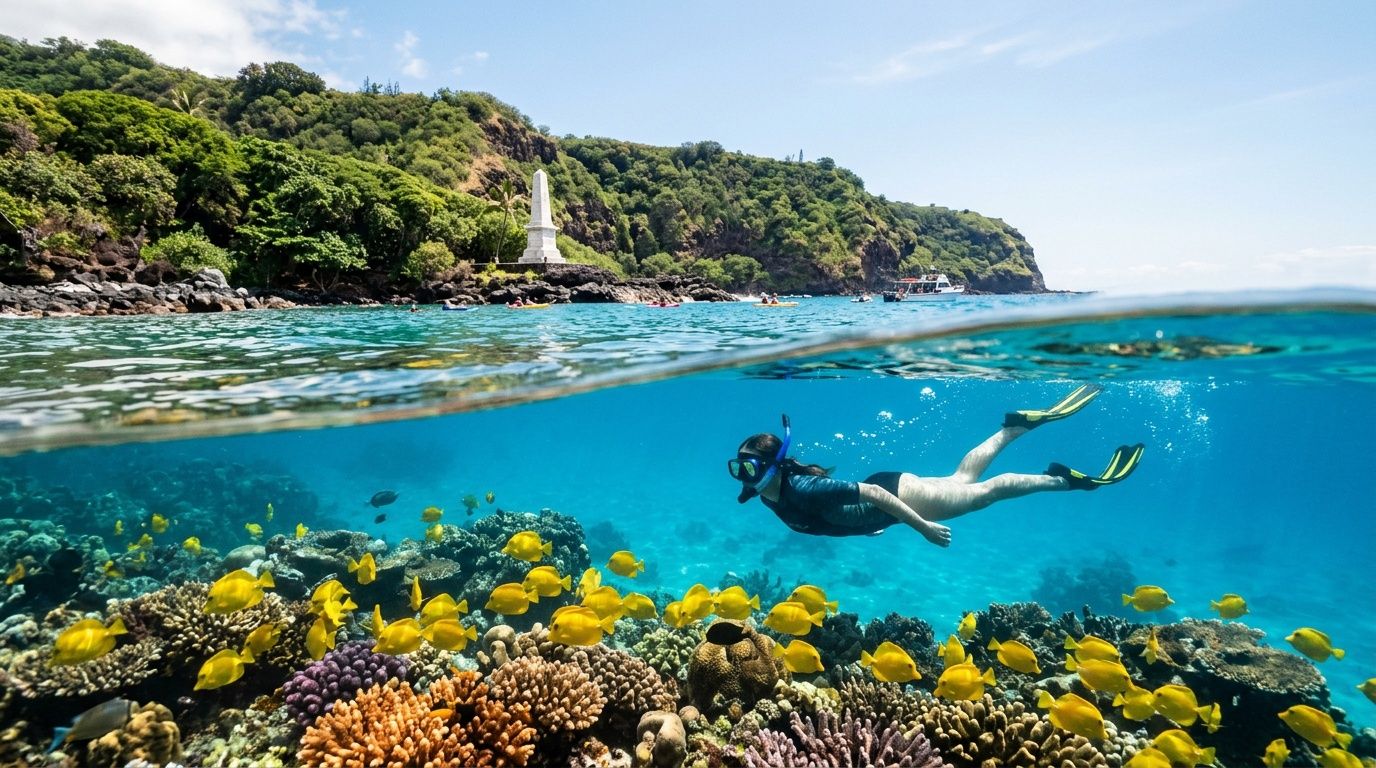 Snorkeler swims over coral reef with yellow fish, lighthouse and greenery in background, under blue sky.