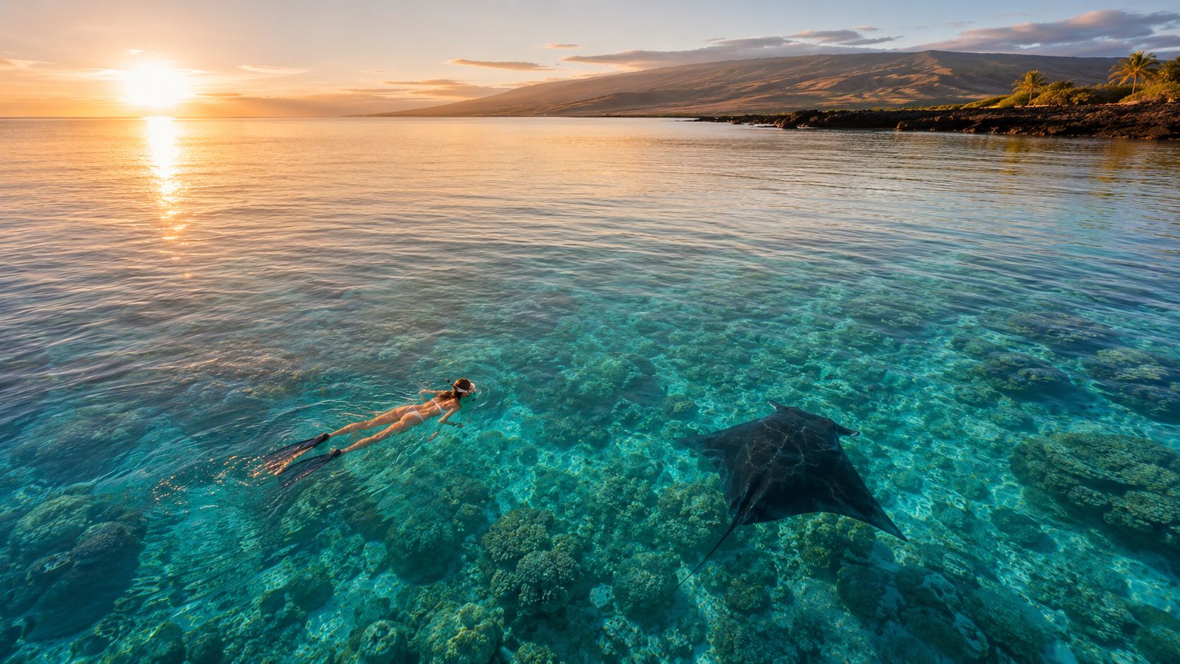 Person snorkeling near a manta ray in clear ocean at sunset.