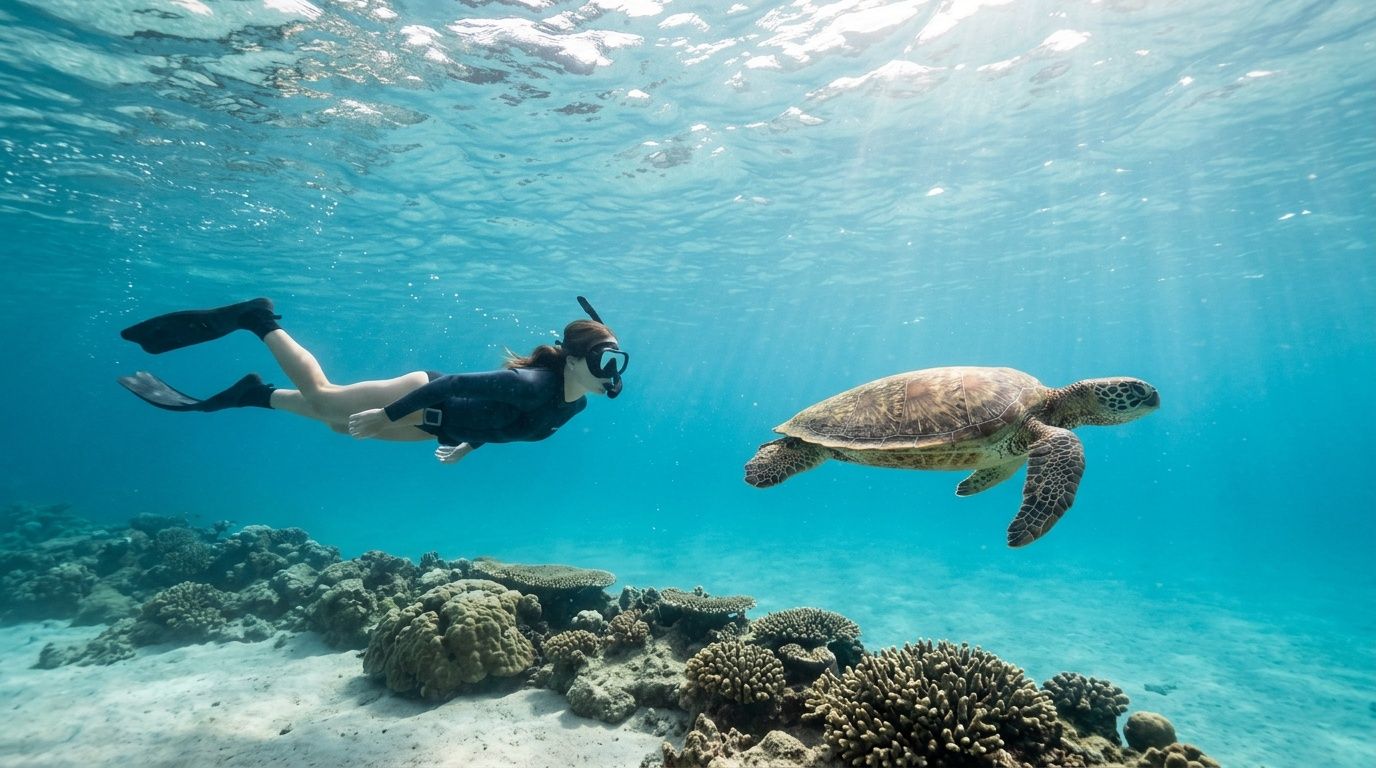 Snorkeler swimming near a sea turtle over a coral reef.