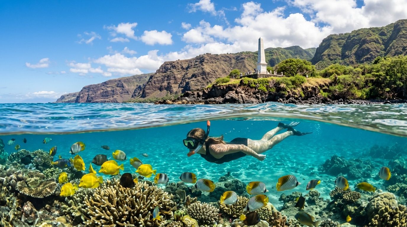Person snorkeling over coral reef with tropical fish near rocky coastline under clear sky.