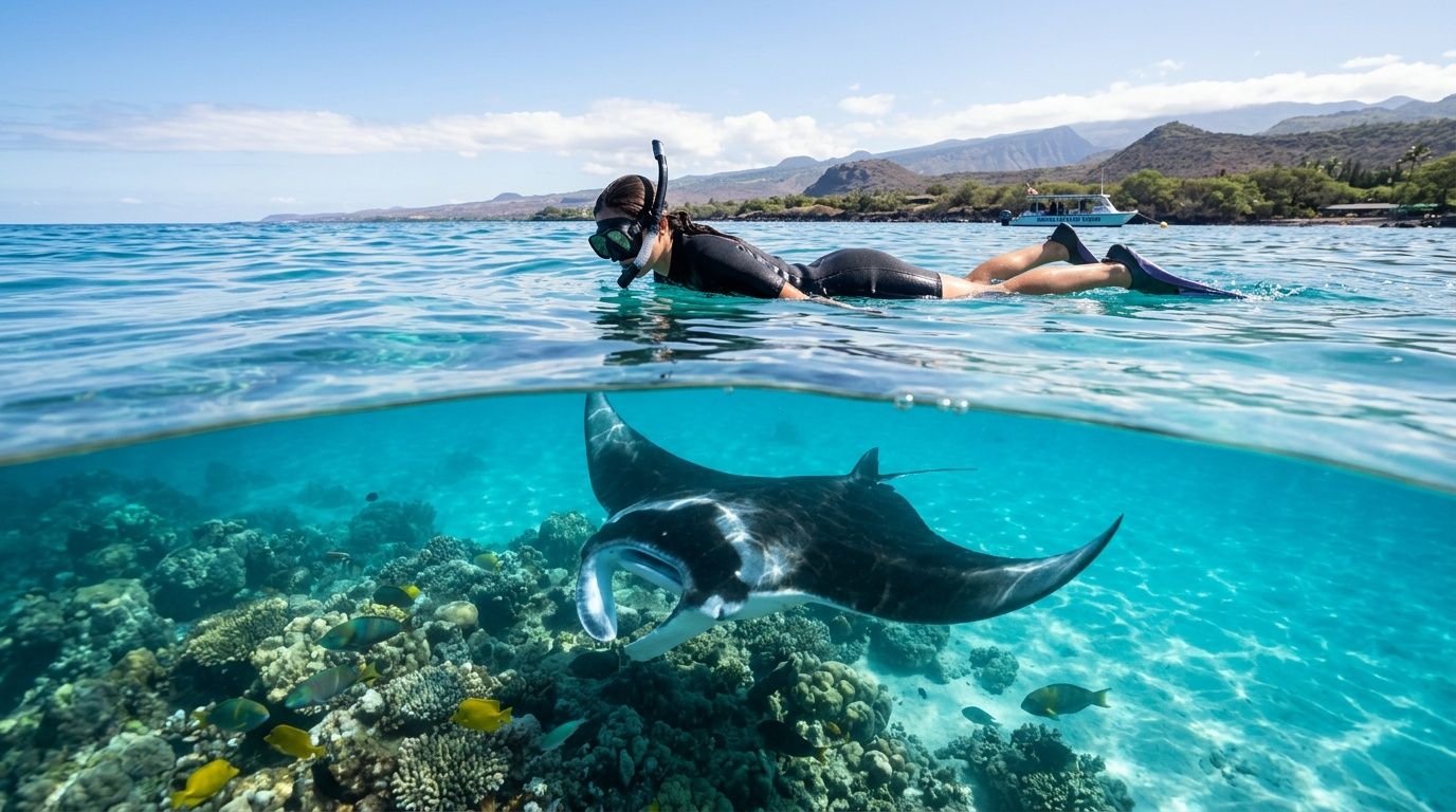 Snorkeler above coral reef with manta ray underwater, clear sky.