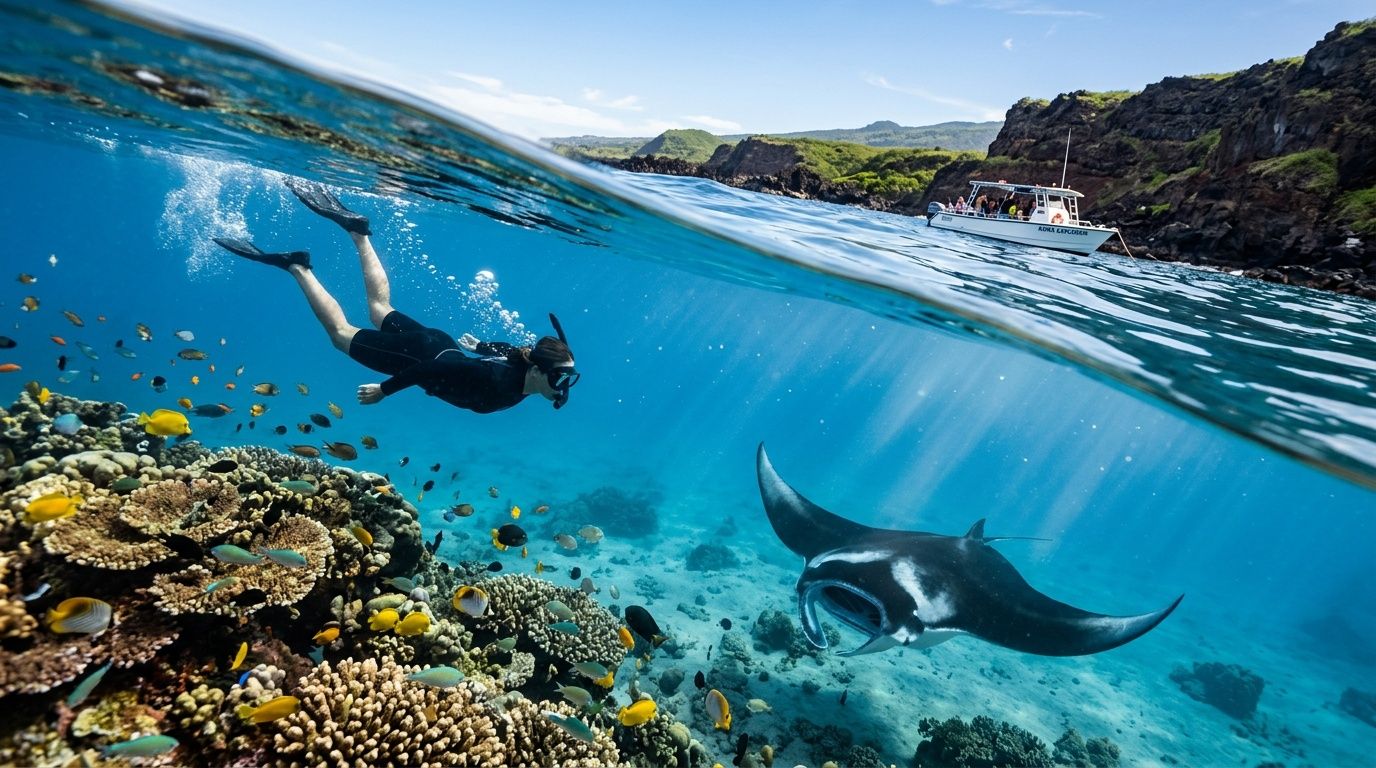 Snorkeler swims above coral reef with manta ray nearby, boat in background.