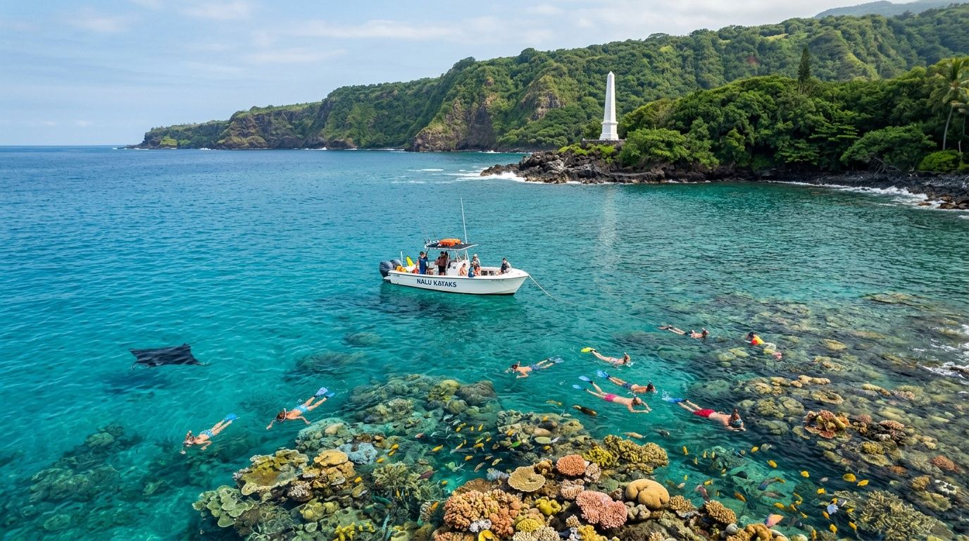 People snorkeling near a boat over coral reefs in clear blue water by a green, hilly shore.