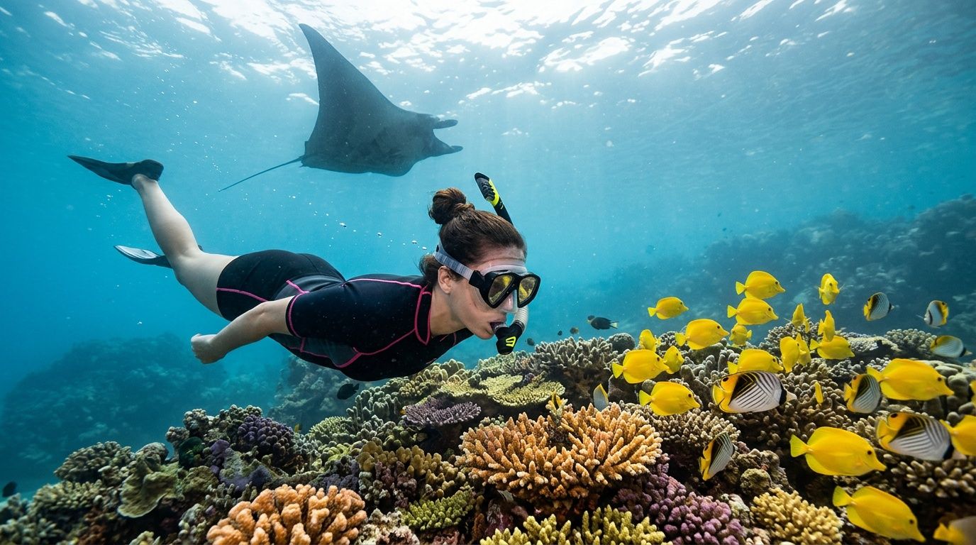Person snorkeling over coral reef with yellow fish, and a manta ray in the background.
