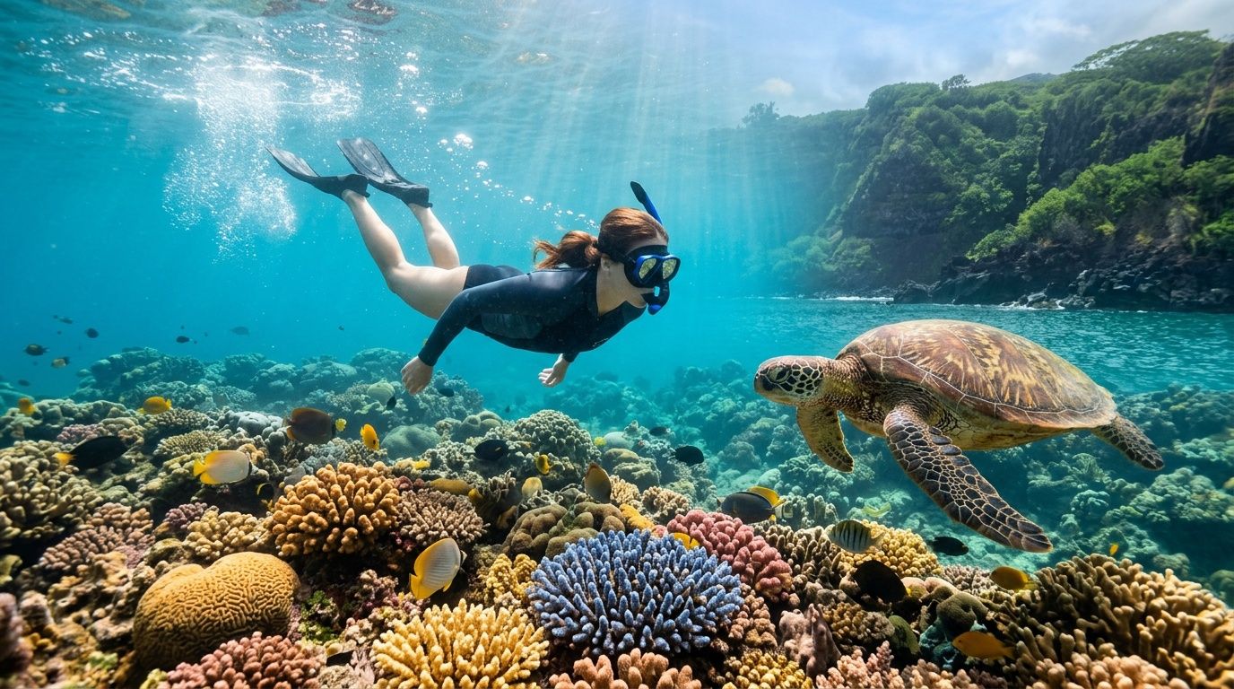 Person snorkeling near a sea turtle over vibrant coral reef in clear blue water.