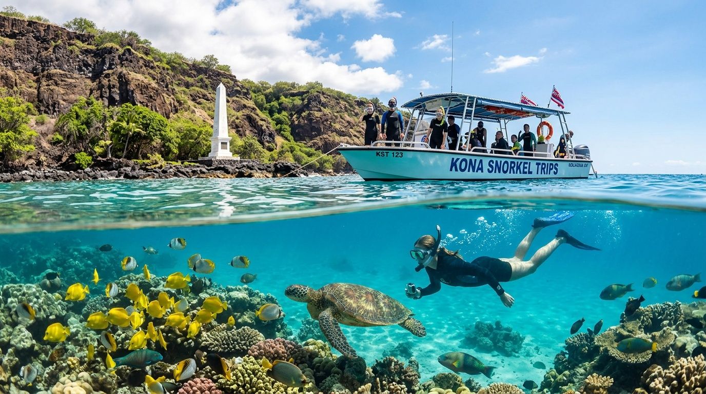 Snorkeler with sea turtle underwater, tour boat above, near rocky island.