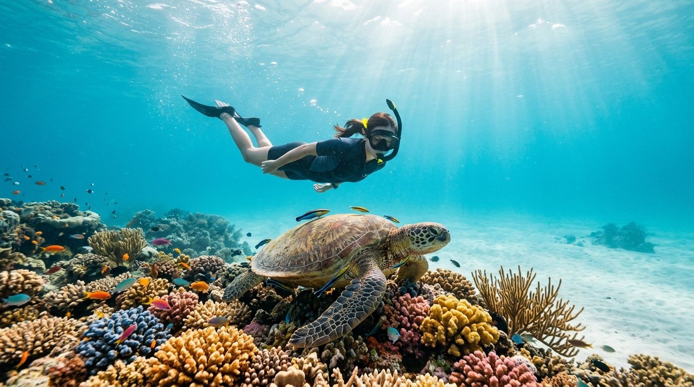 Snorkeler swimming above a sea turtle near colorful coral reef.
