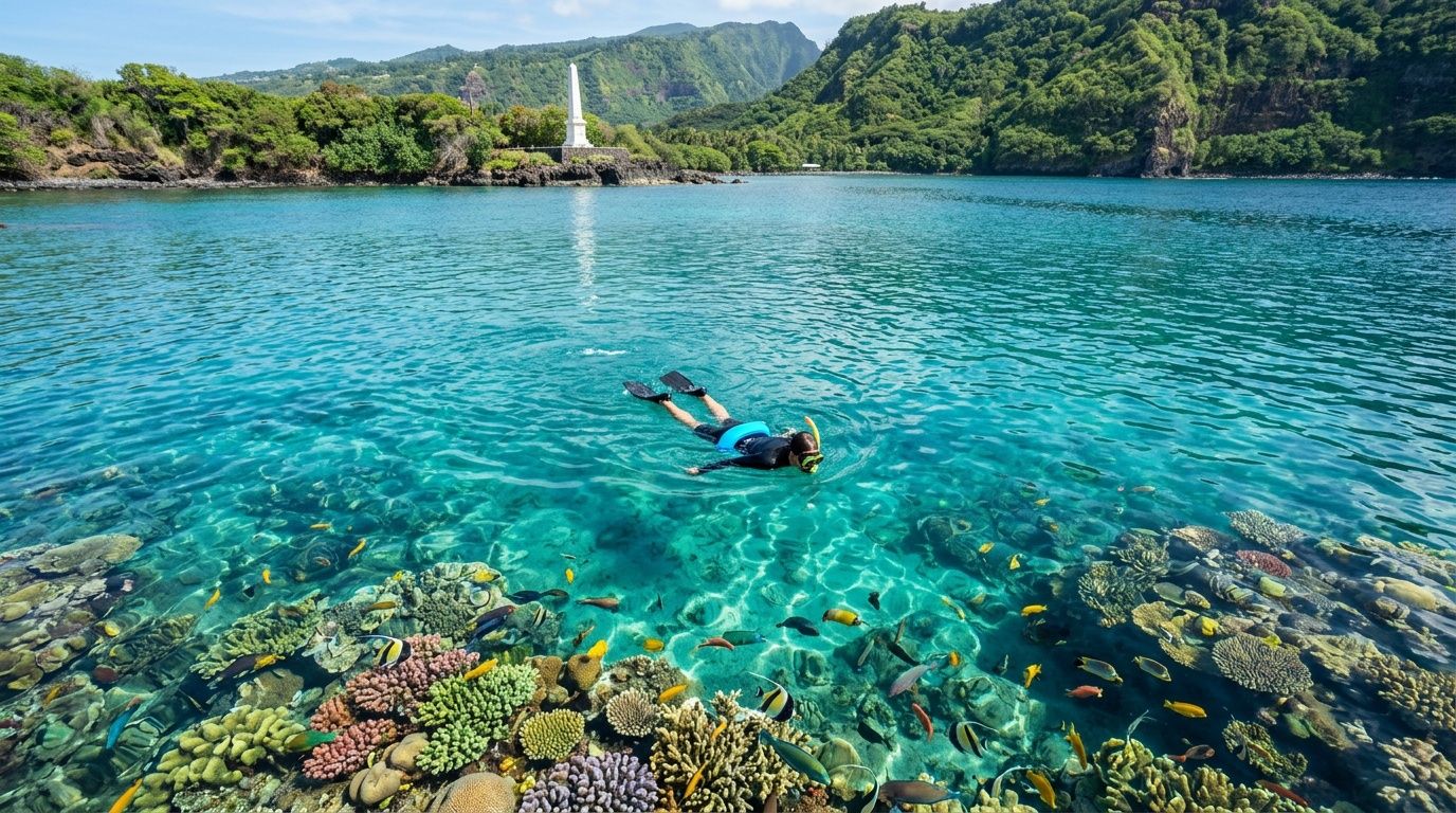 Person snorkeling in clear blue water with colorful coral and fish, surrounded by lush green hills.