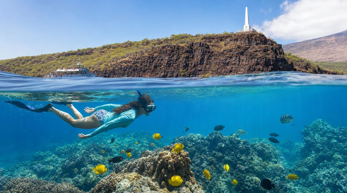 Person snorkeling near a rocky coastline with a white obelisk and colorful fish underwater.
