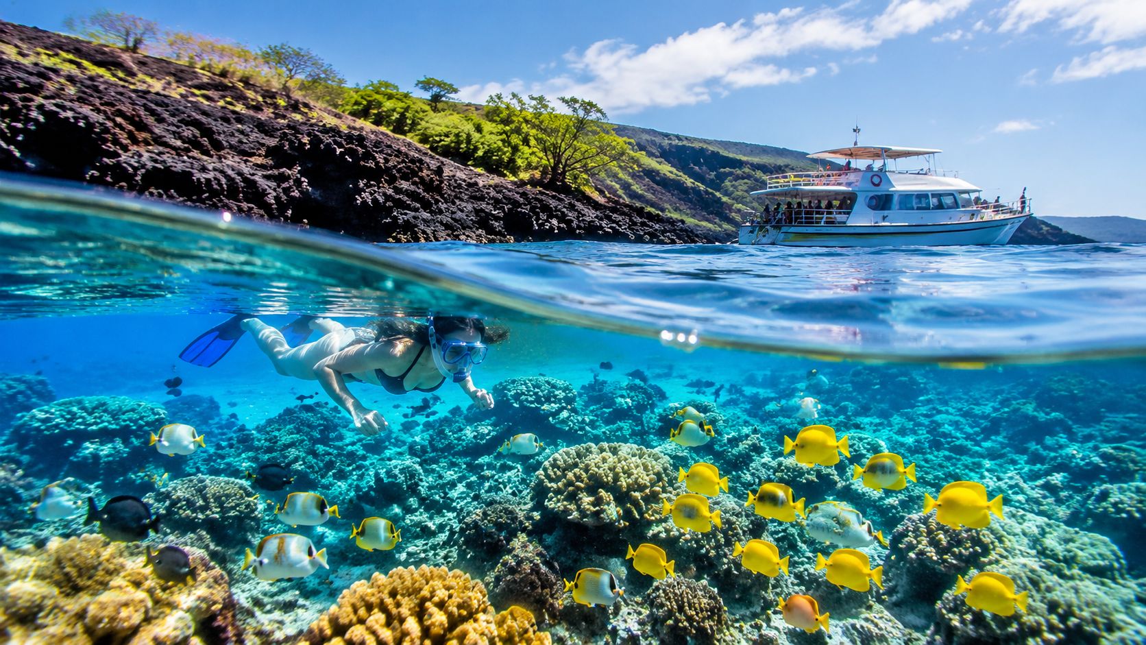 Person snorkeling near vibrant coral reef, with yellow fish below and a boat above on the water's surface.