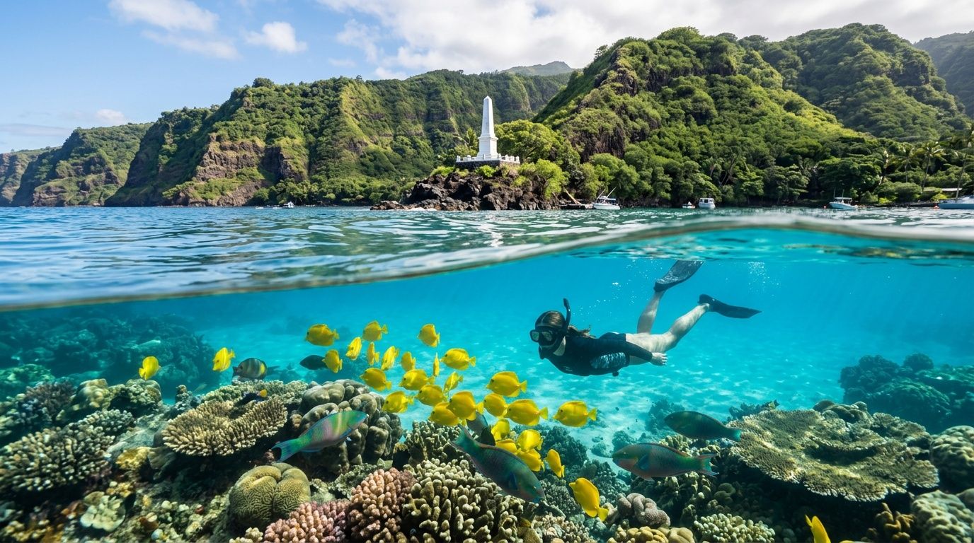 Snorkeler among fish and coral with lush mountains and a white monument in the background.