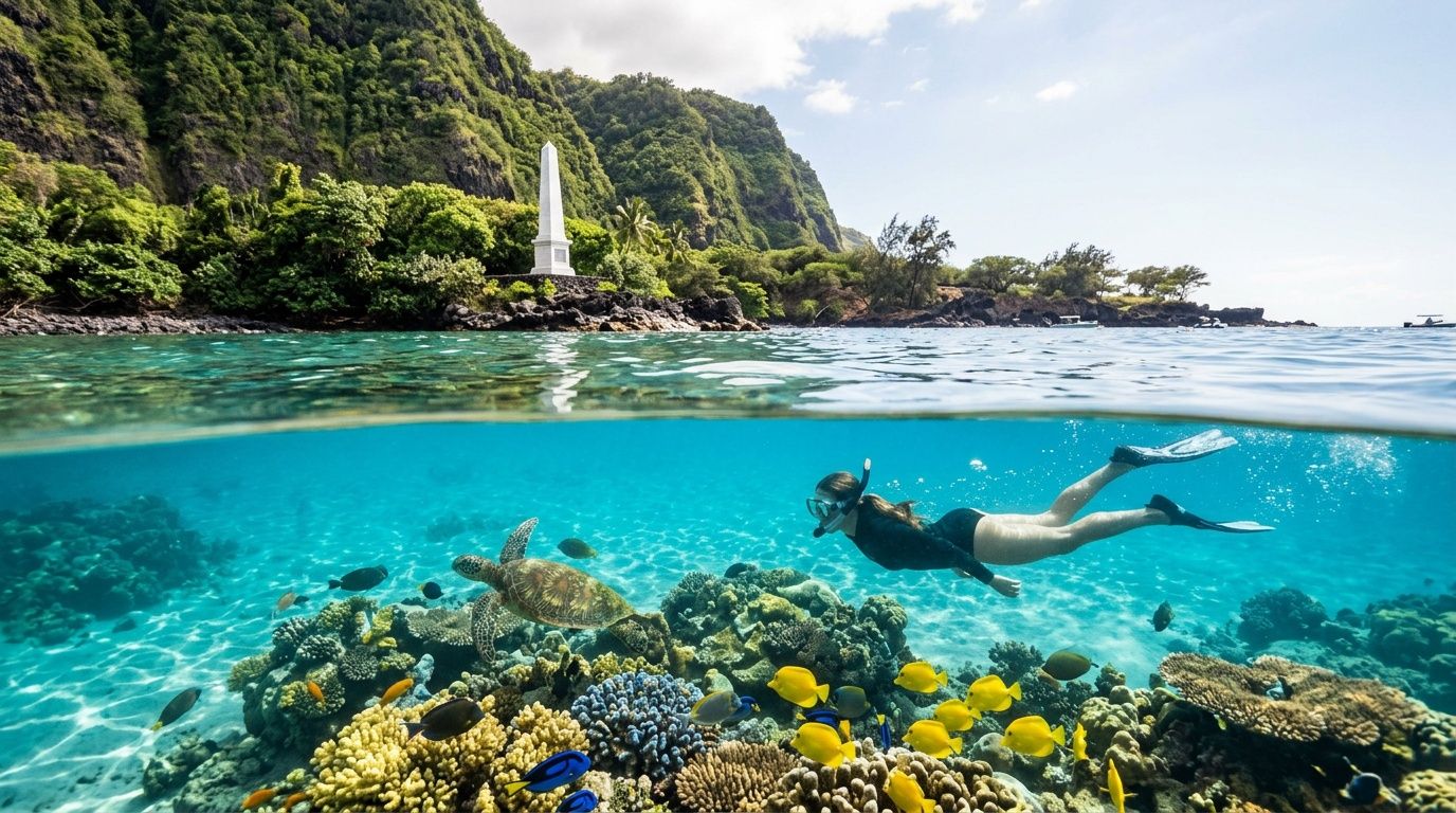 Snorkeler above coral reef with colorful fish and turtle, tropical landscape in background.