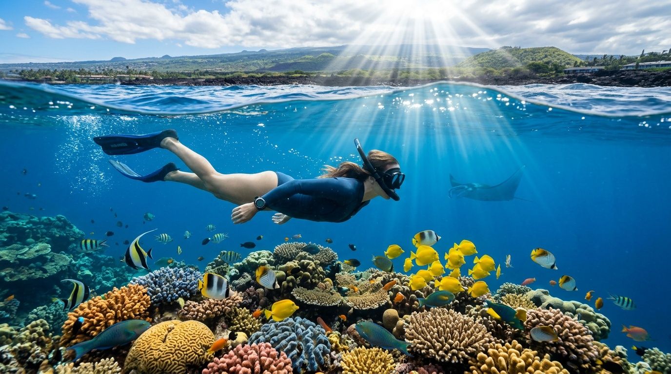Snorkeler swims over vibrant coral reef with fish, sunlight beams from above.