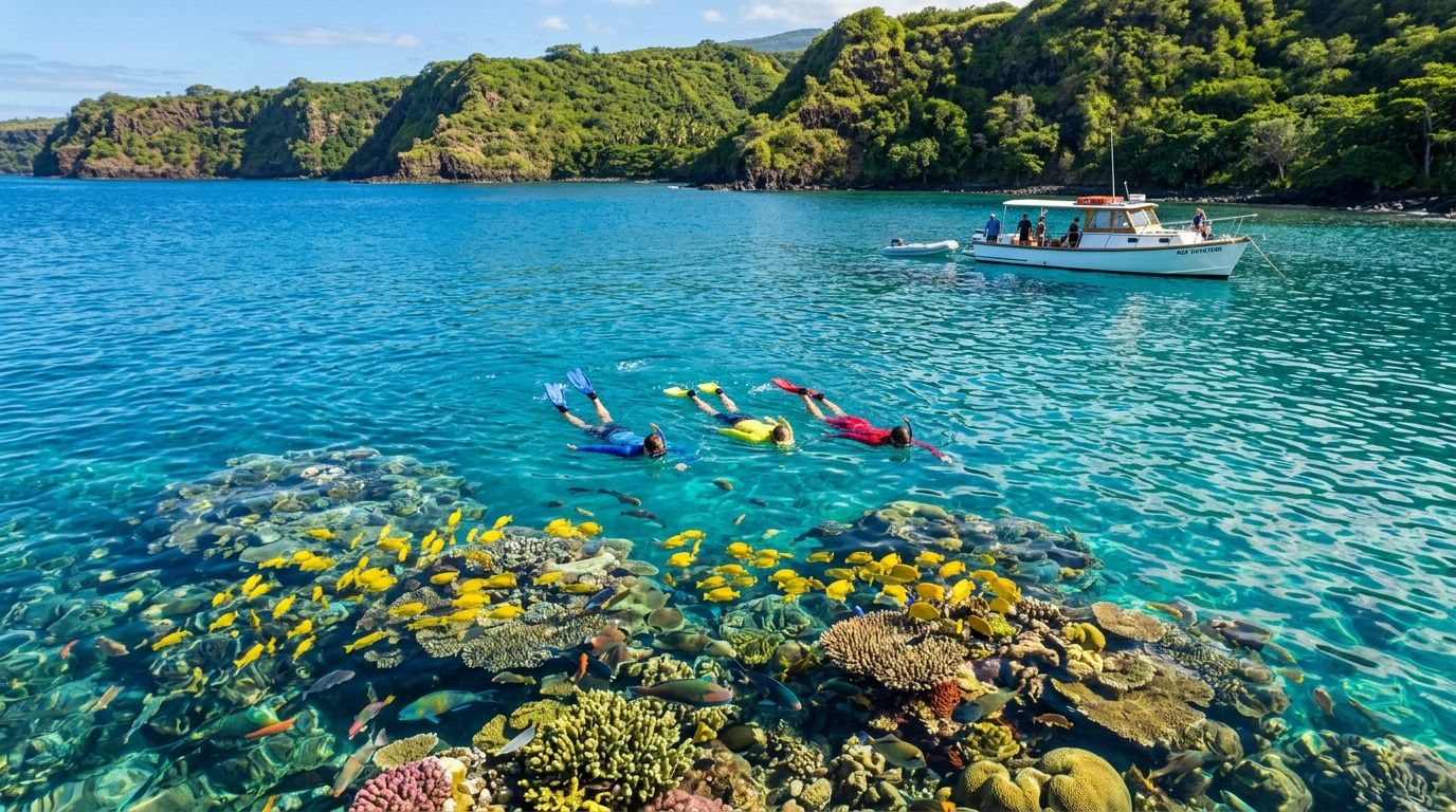 Group snorkeling over colorful coral reef with boat nearby, clear blue water and lush green hills in background.